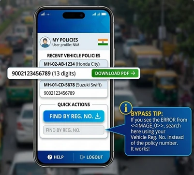 NIMA app screenshot showing recent vehicle policies (MH-01-CD6789) with green "Download PDF" button and "Bypass Tip: Use vehicle reg no" popup.