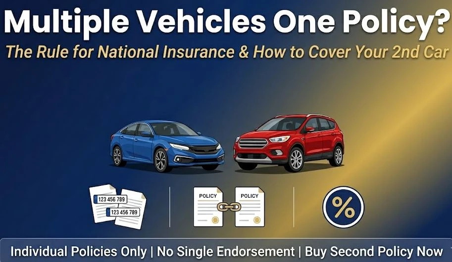 Infographic for National Insurance showing why one motor policy cannot cover two distinct vehicles due to RC and regulatory constraints in India.