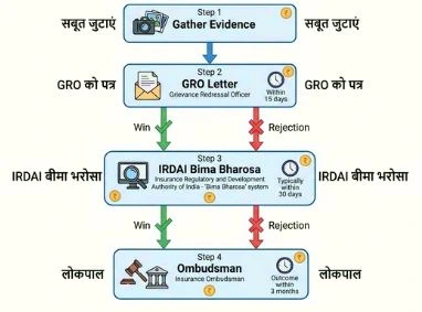 Step-by-step flowchart to appeal NICL car claim rejected pre-existing damage India