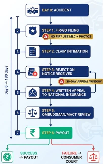Why National Insurance rejected TP claim appeal process flowchart without FIR India IRDAI steps 2026