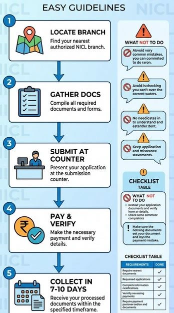 Steps to get signed physical policy copy from NICL branch - flowchart with indemnity bond, fees, timelines