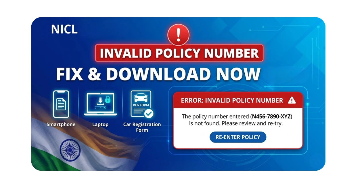 NICL error screen showing "invalid policy number" with smartphone, laptop, and car registration icons plus "Fix & Download" button for Indian motor policy download.