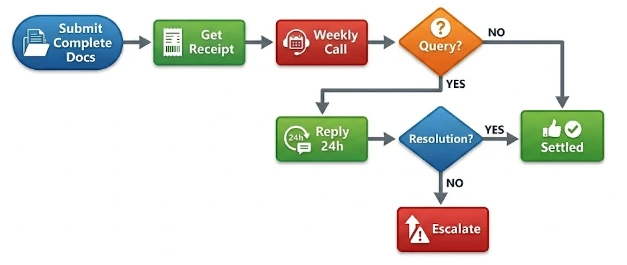 Flowchart showing steps to fix National Insurance claim delays, from submitting documents and weekly follow-ups to escalation.