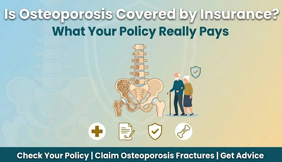 Showing osteoporosis health insurance coverage in India for spine, policy document, and claim‑help.