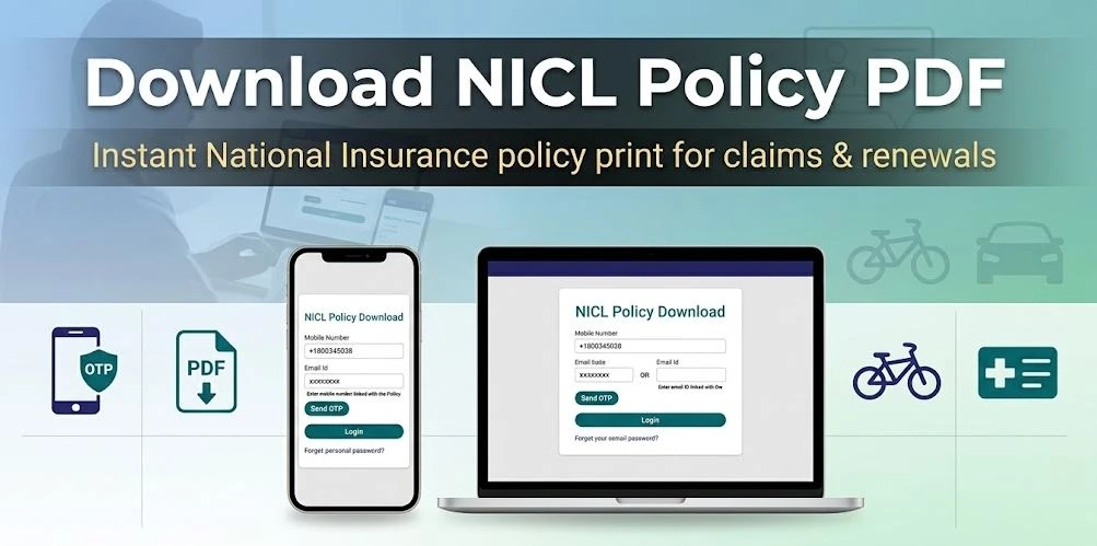 National Insurance Company NICL policy download guide showing how to download NICL motor and mediclaim policy PDF using mobile OTP login