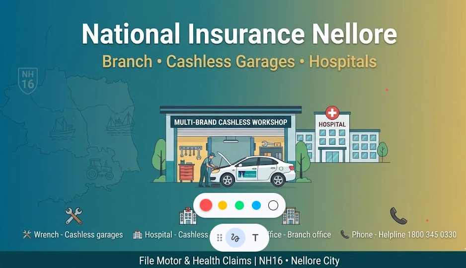 National Insurance Nellore branch office, cashless garages and hospitals for vehicle and health insurance claims in Nellore city.