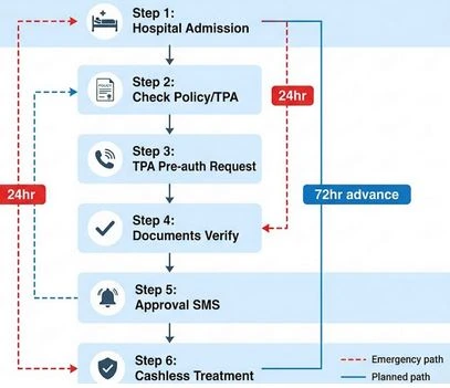 National Insurance TPA list cashless claim process flowchart 2026 with 6-step verification and approval timeline